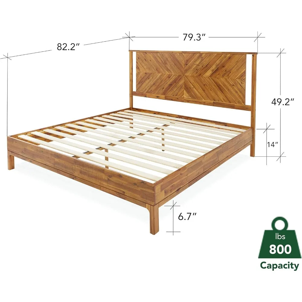 Vivian 14 Inch Deluxe Bed Frame with Headboard, Rustic & Scandinavian Style with Solid Acacia Wood