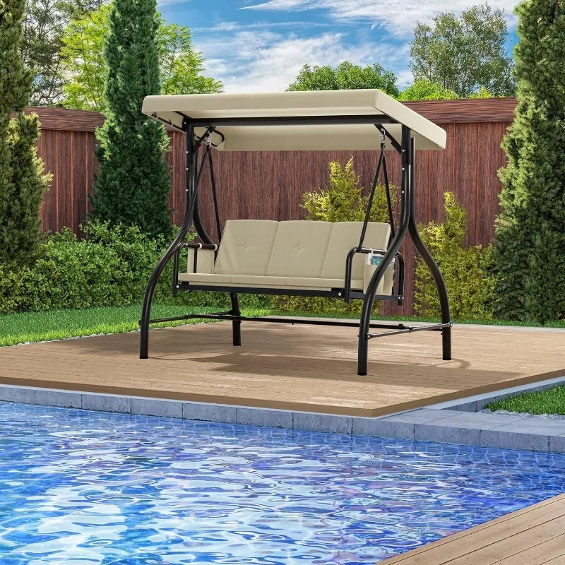 Outdoor Porch Swing, 3 Person Patio Swing Chair with Adjustable Canopy, Removable Cushion,Suitable for Garden, Poolside