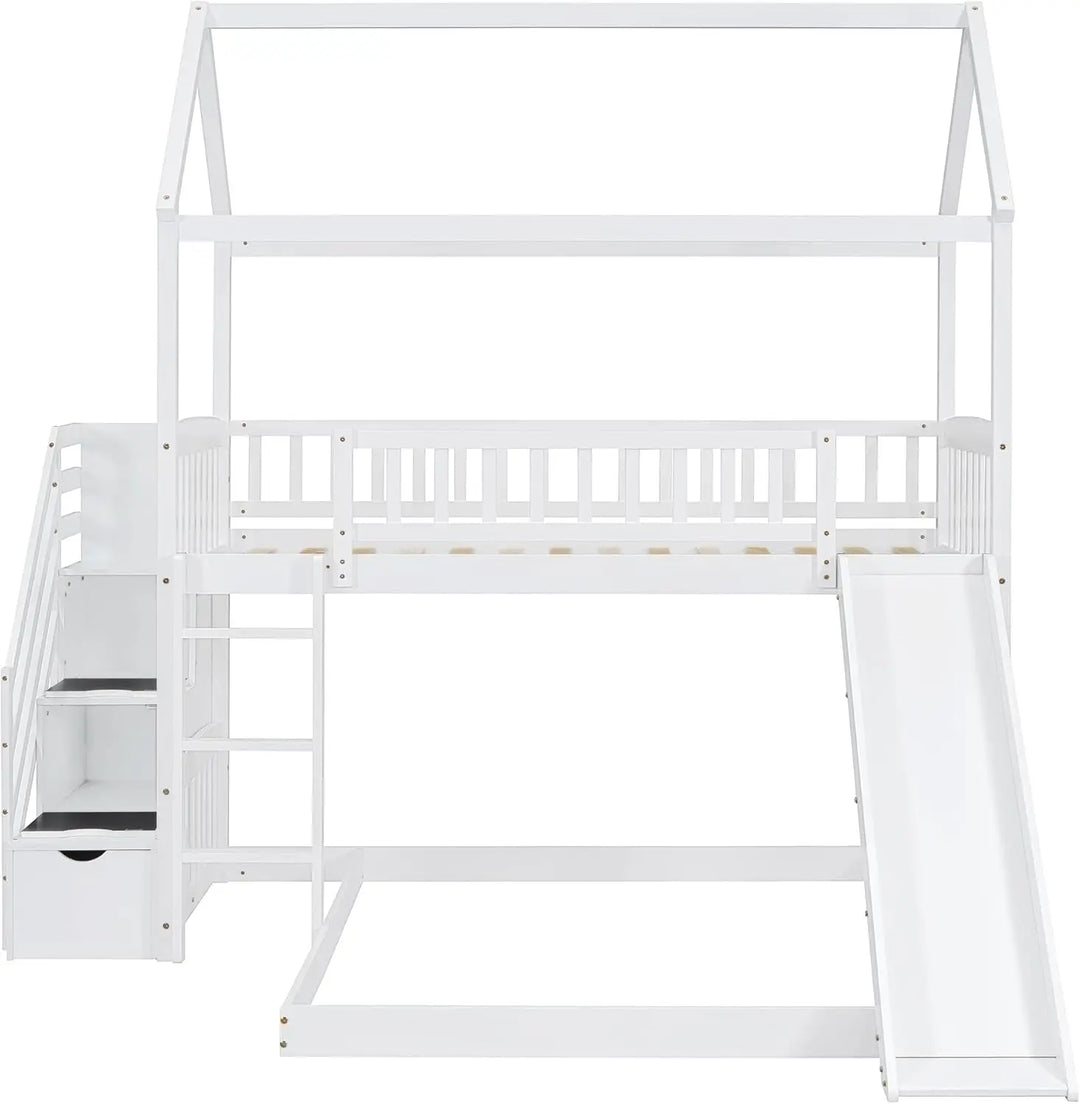 Bunk Bed with Slide, House Bunk Beds Twin Over Twin Stairway Bunk Beds Playhouse Bunkbed with Storage for Kids Toddlers