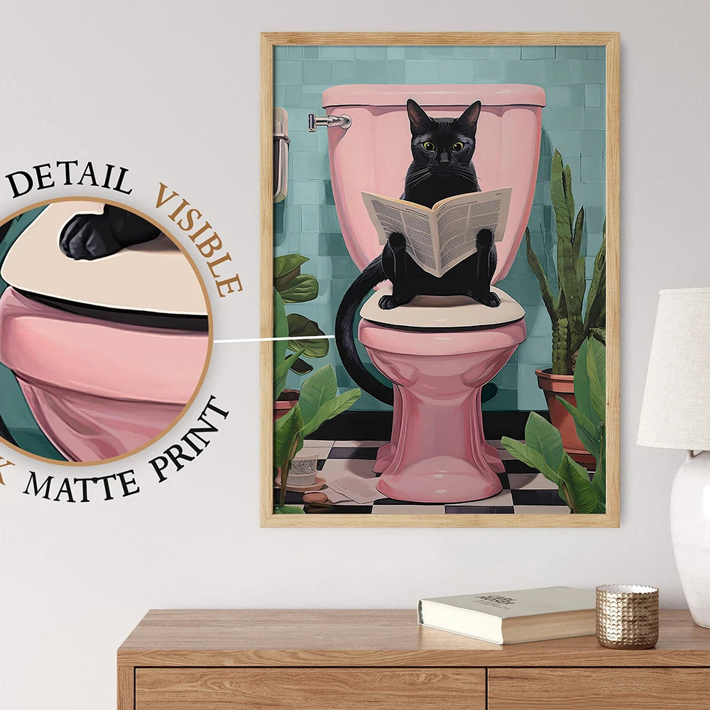 Funny Black Cat Using Toilet Wall Art Cat Reading Newspaper Canvas Posters Prints Pictures Home Batnroom Living Room Decoration