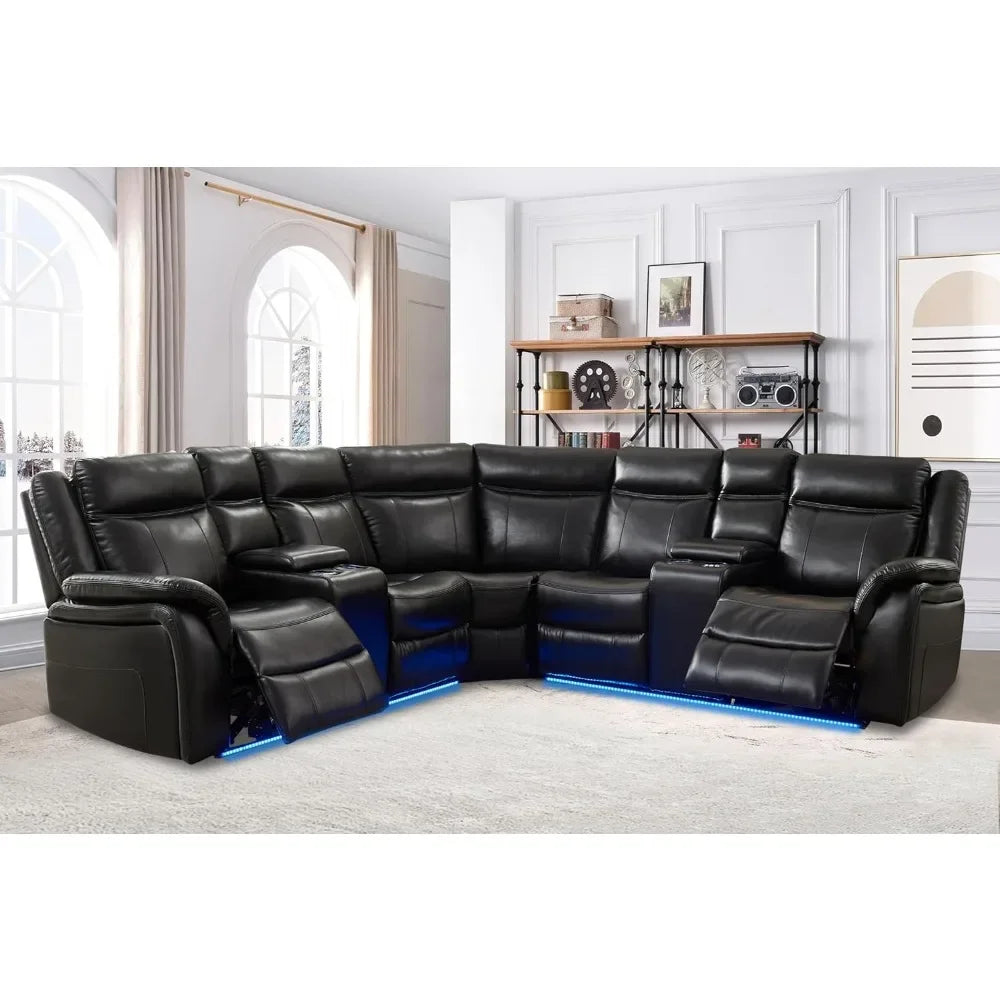 recliner，Power Reclining Sectional Sofa with LED Light Recliner Faux Leather L-Shaped Electric Reclining Sectional Couch