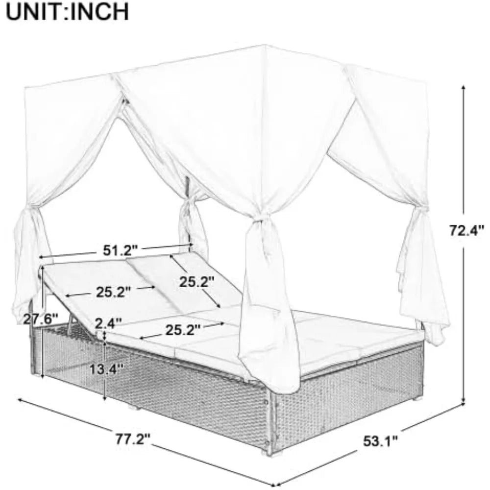 Patio Lounge, Outdoor Sunbed Canopy Bed Daybed with Retractable Canopy, Rattan Sun Lounger Patio Loveseat Sofa Set with Curtains