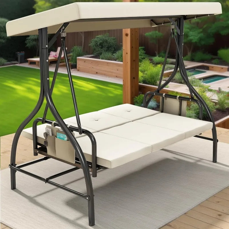 Outdoor Porch Swing, 3 Person Patio Swing Chair with Adjustable Canopy, Removable Cushion,Suitable for Garden, Poolside