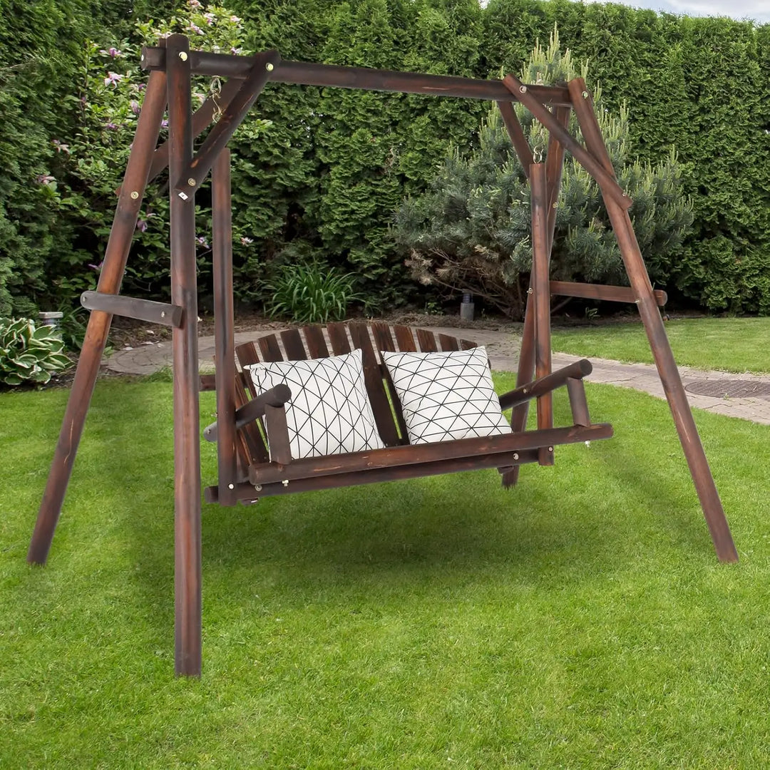 VINGLI Heavy Duty 880 LBS Wooden Patio Porch Swing with A-Frame Stand, Hanging Swing Bench Chair with Frame for Outside