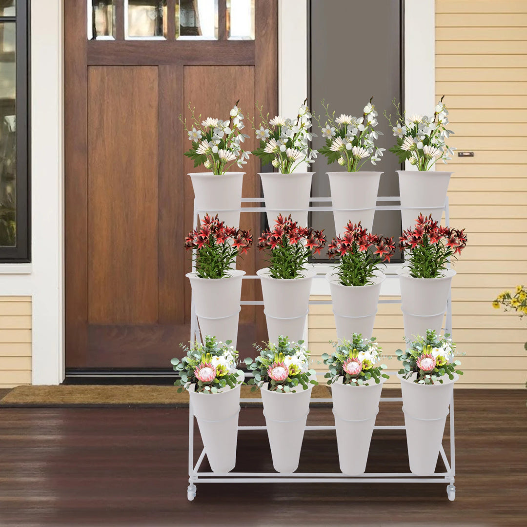 3 Layers Metal Plant Stand with Wheels Modern Plant Shelf  Flower Bucket Indoor Outdoor Flower Display Stand Flower Rack