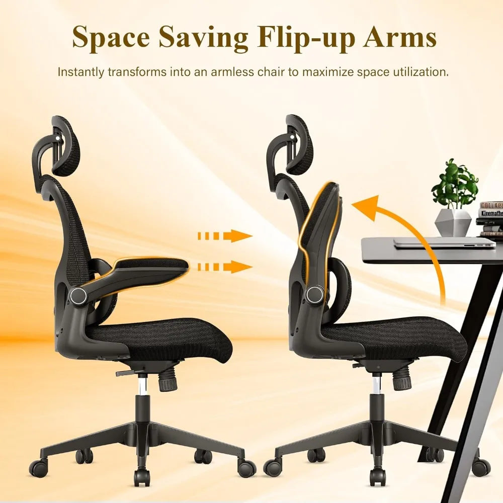 Ergonomic Mesh Office Chair, High Back Desk Chair with Adjustable Lumbar Support, Flip-Up Arm, Headrest, Swivel Rolling Wheel