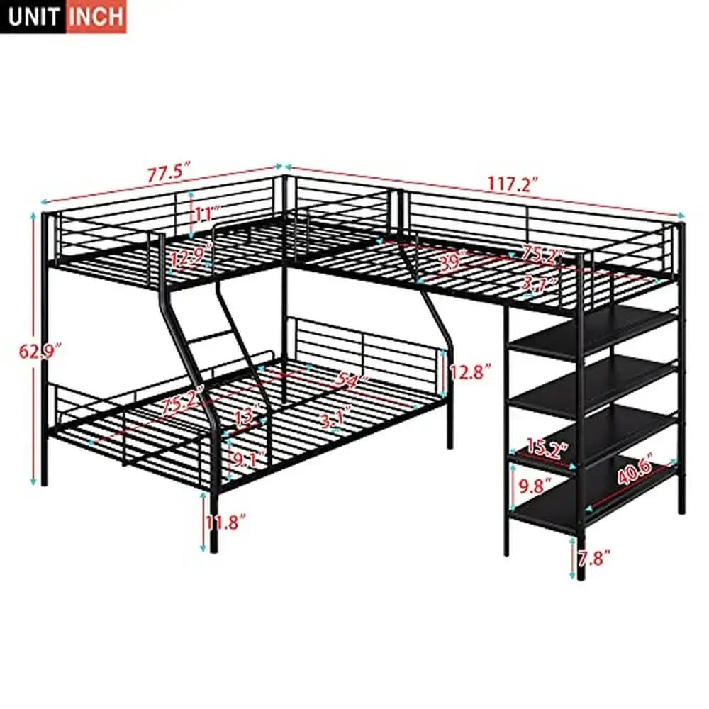 L-Shaped Metal Corner Bunk Bed with Loft & Shelves Twin Over Full Bunk Bed Integrated Ladder & Guardrails No Box Spring Needed