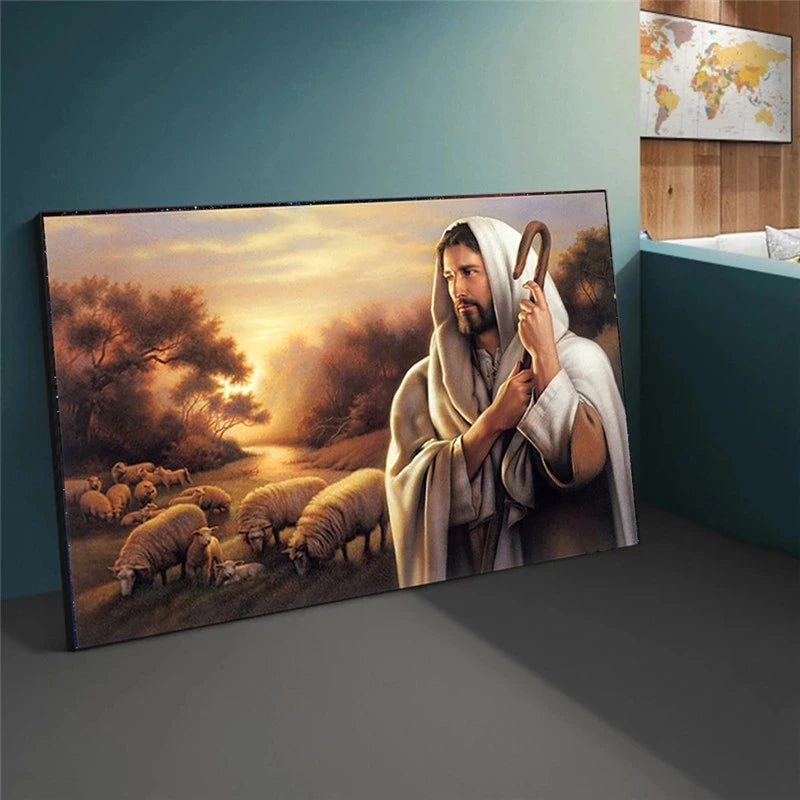 Famous Classical Christian God Canvas Painting Jesus Herding The Sheep Posters and Prints Wall Art Picture for Living Room Decor