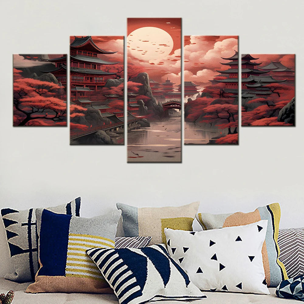 5 Piece Japanese Landscape Fantasy Print On Canvas of Beautiful Decorative Artwork