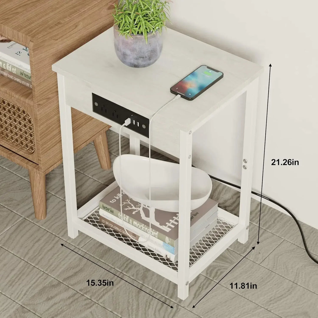 Nightstands Set of 1 with Charging Station, 2 Tier Bedside Table with USB Ports and Outlets, Narrow End Table with Storage Shelf