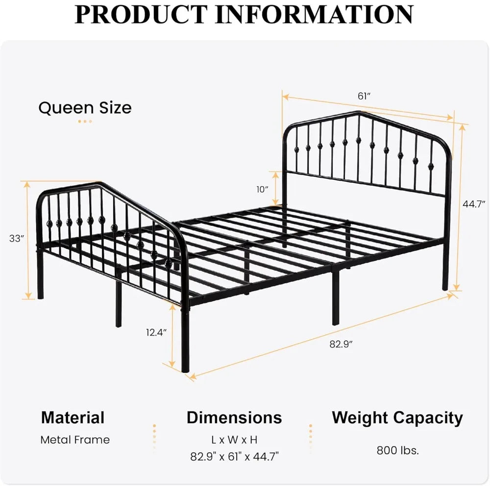 Large Metal Platform Bed Frame, Victorian Style, Wrought Iron, Art Headboard, Footboard, Black