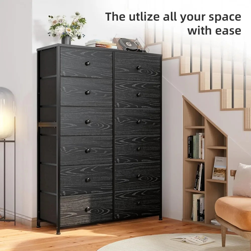 Tall Dressers for Bedroom, 12 Drawer Black Dresser & Chest of Drawers for Closet Hallway, Living Room, Bedroom Furniture