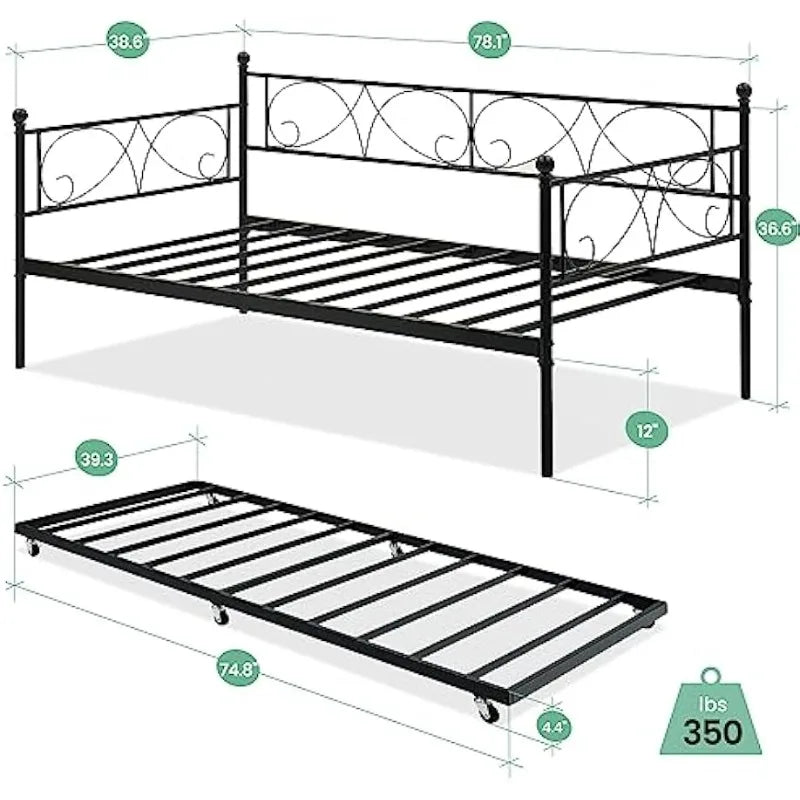 Metal Daybed Frame with Trundle Heavy Duty Metal Slats/Mattress Foundation Platform Sofa Bed with Headboard for Bedroom,