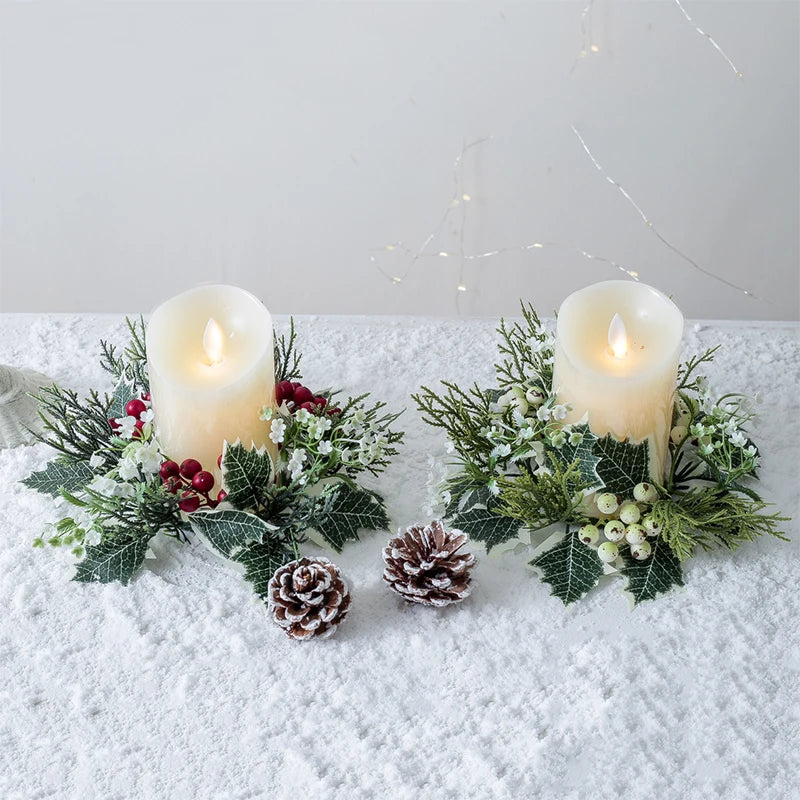 Christmas Candlestick Wreath Artificial Berry Garland Candle Ring