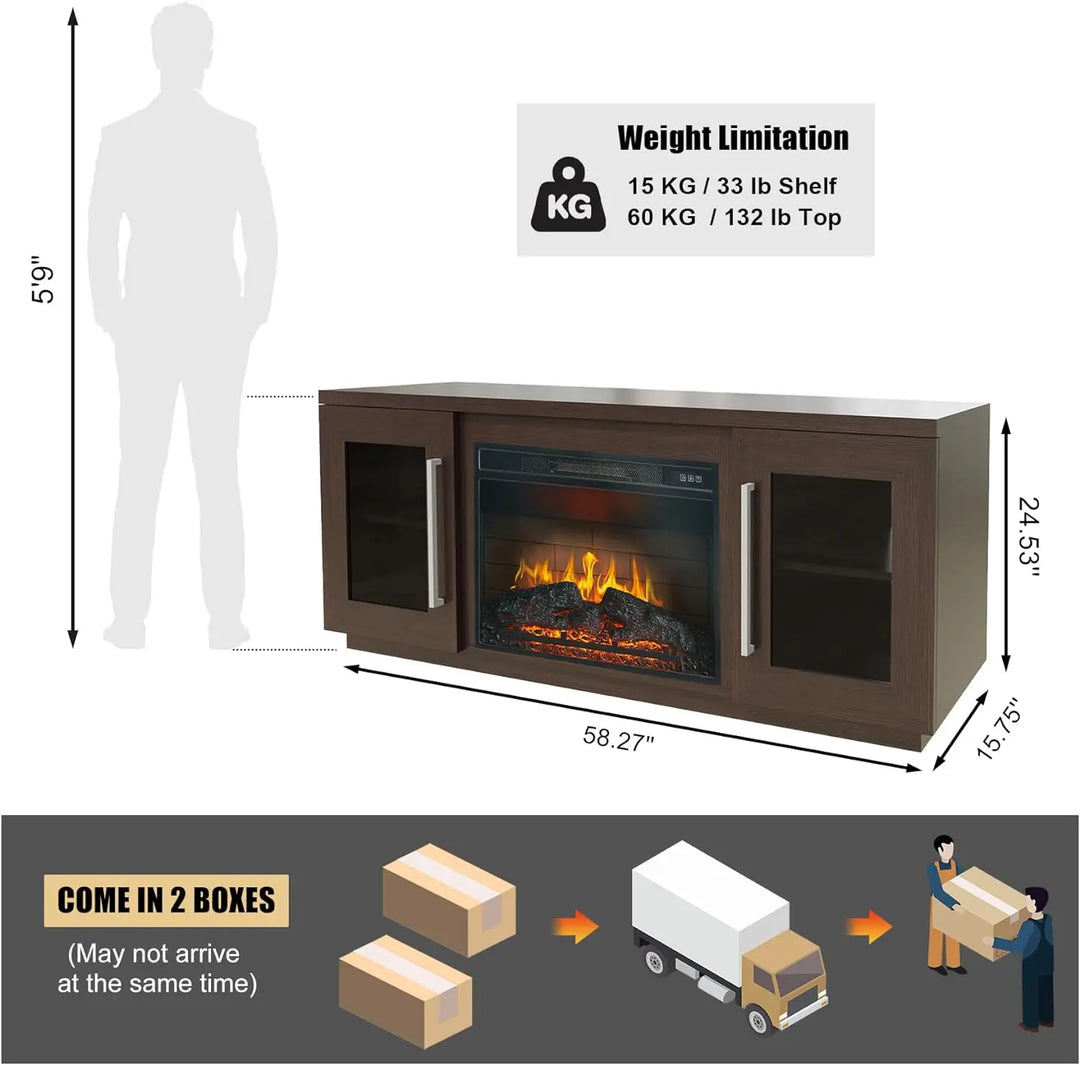 3D Fireplace & Entertainment Center Console for up to 65 Inch TVs, with Barn Door Cabinets