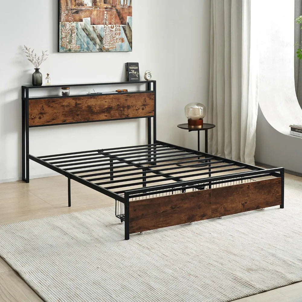 Queen Size Bed Frame with Drawers, Platform Bed Frame with 2-Tier Storage Headboard and Power Outlets,USB Ports Charging Station