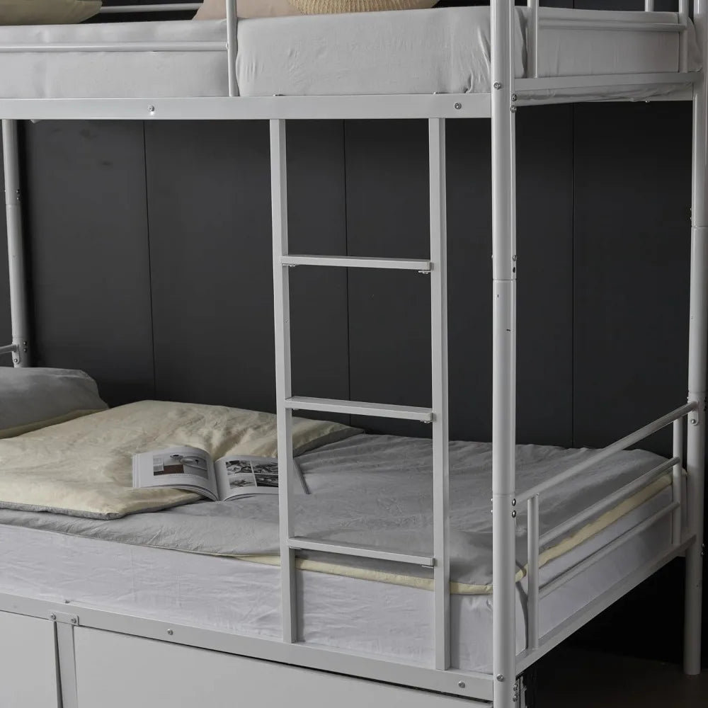 White Bunk Bed Twin Over Twin with 2 Storage Drawers, Metal Bunk Bed with Built-in Ladder and Safety Guardrail,for Kids, Teens