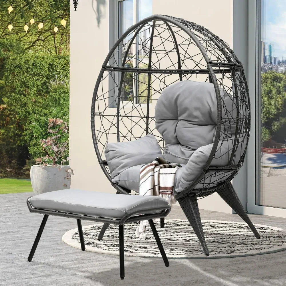 Outdoor Egg Chair with Stand  with Cushion Wicker Chair PE Rattan Chair Footrest Included for Patio, Garden, Backyard, Porch