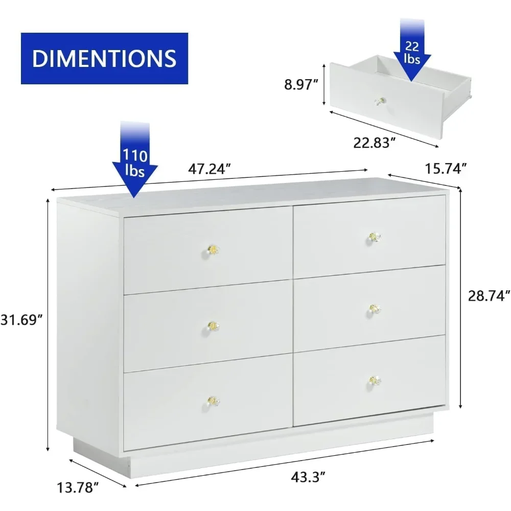 Floating LED 6 Drawer Dresser for Bedroom,Living Room,Hallway, Modern Dressers & Chests of Drawers w/ Diamond Handle,Black/White