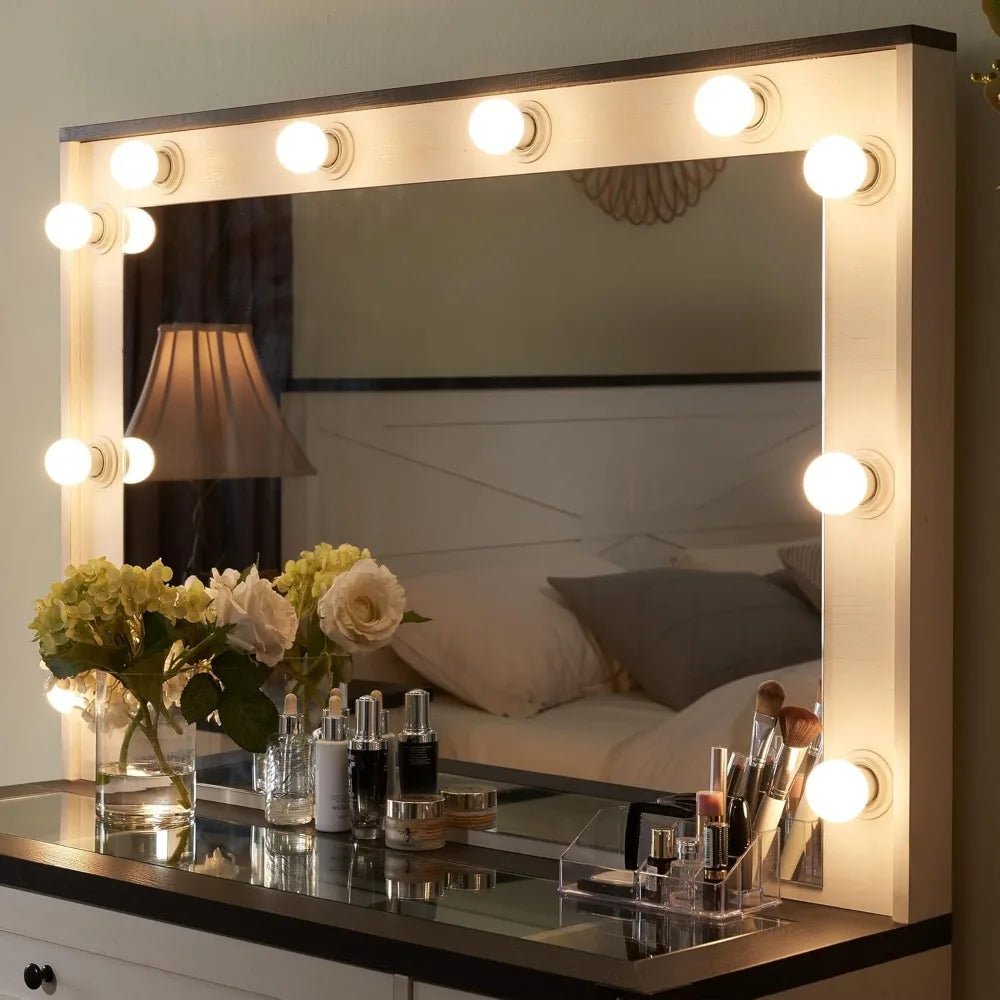 Farmhouse Vanity with Hollywood Makeup Mirror, Storage Function Vanity, White Vanity Table and Chair Set