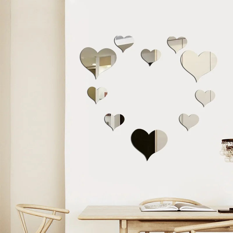 10Pcs/Set 3D Acrylic Mirror Wall Stickers in Gold or Silver Hearts Removable Wall Décor