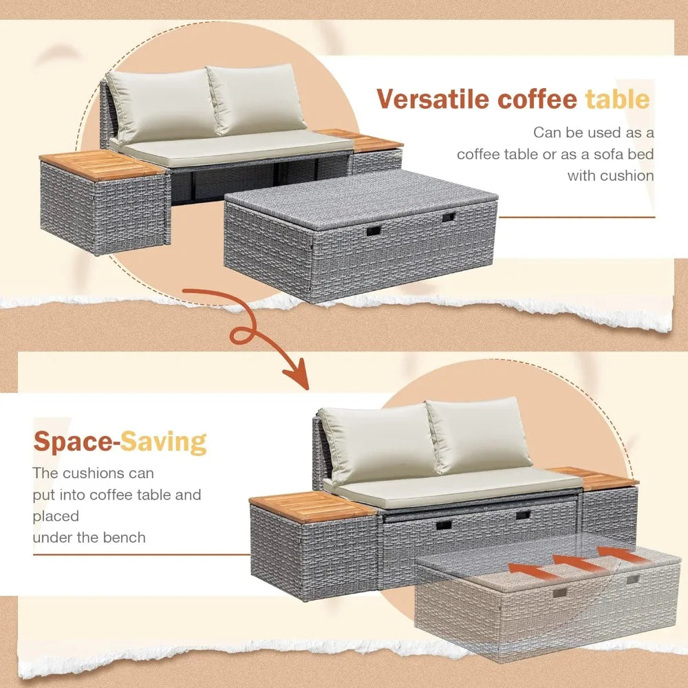 Patio Furniture Set Multifunctional Outdoor Sectional Sofa Rattan Chaise Lounge Wicker Daybed with Couch,Cushions,Storage