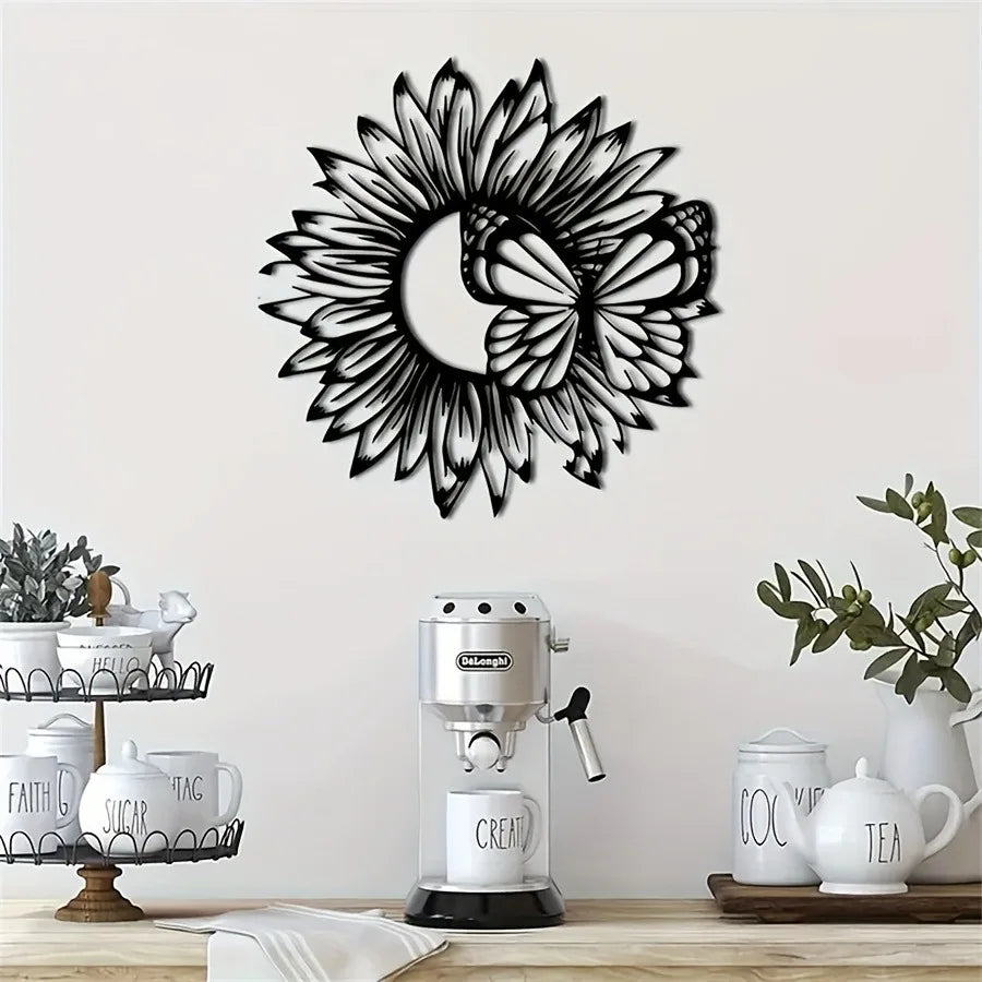 Black Sunflower and Butterfly 3D Metal Wall Art-Perfect Mother's Day Gift, Rustic Indoor/Outdoor Decor,Farmhouse Style Wall Sign