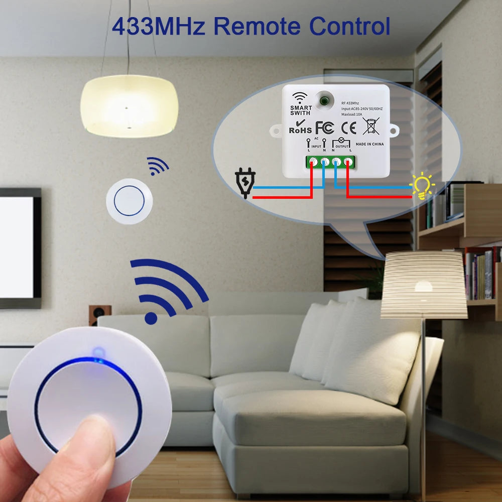 Wireless RF 433MHz Remote Control Switch AC 220V 10A Relay Receiver and Round Button Transmitter for Light Lamp Fan ON/OFF