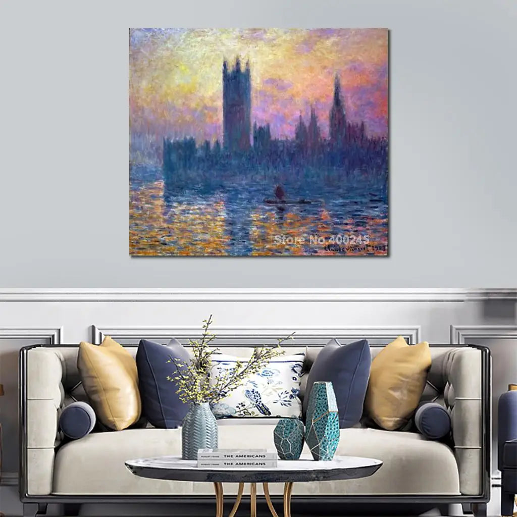 Impressionist Landscape Canvas Art Claude Monet Painting The Houses of Parliament Sunset Artwork Living room Decor High Quality