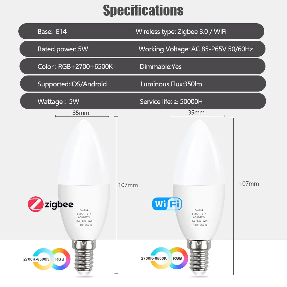 EWelink E14 Smart Zigbee Wifi Led Light Bulbs RGB CW Led Candle Lamp E14 Bulb For Alexa Google Home Alice Smartthings Chandelier