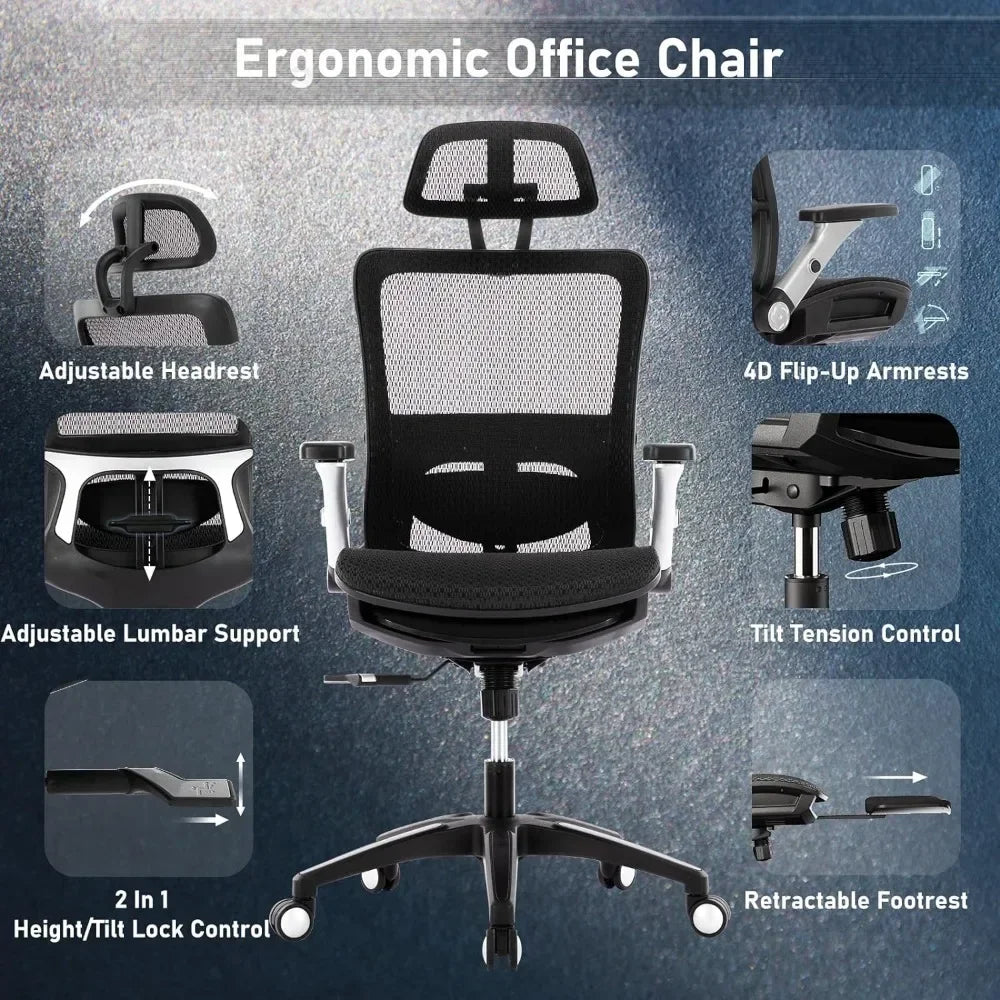 Ergonomic Office Chair With Footrest With Headrest and 4D Flip-up Armrests Computer Executive Desk Chair