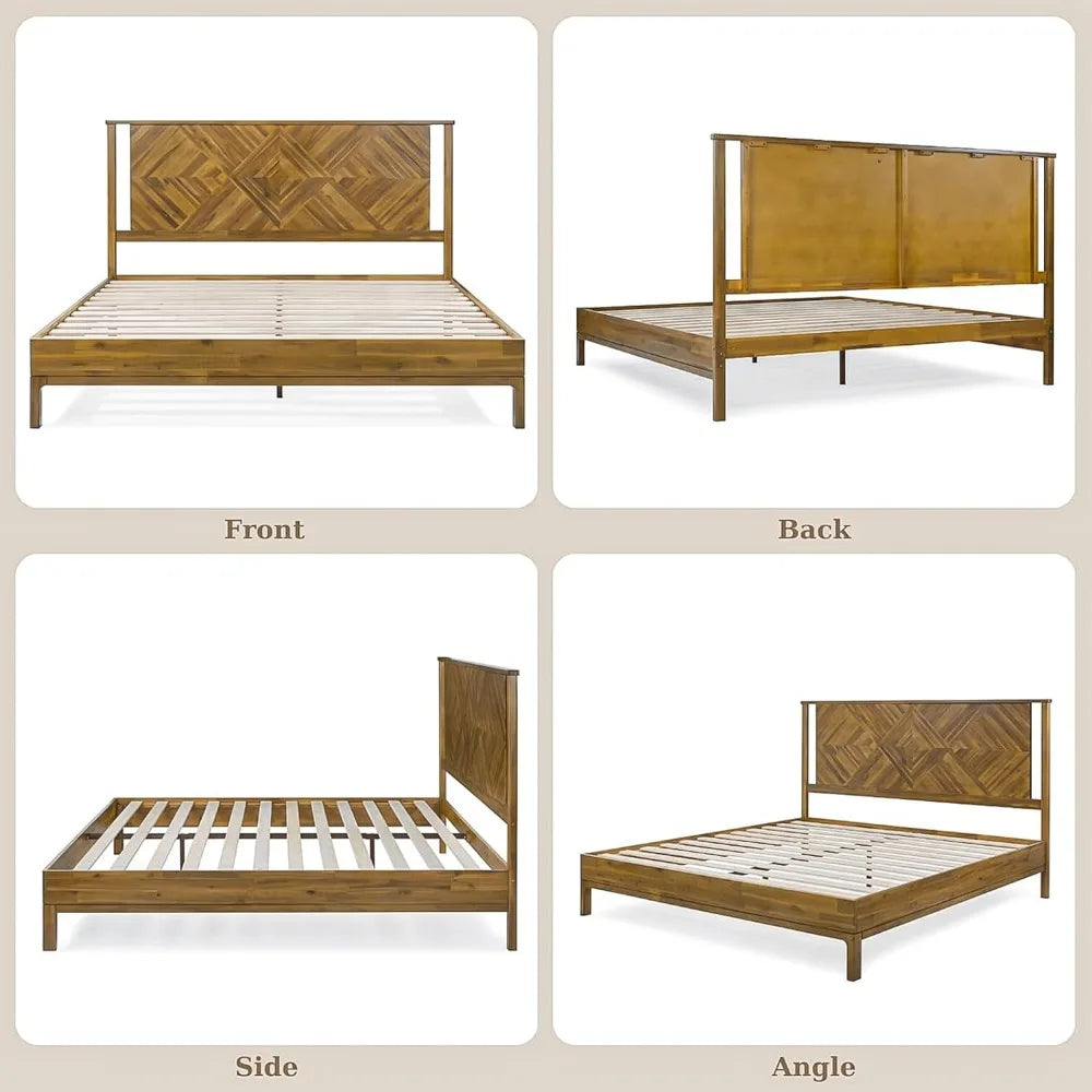 Solid Wood King Bed Frame with Diamond Headboard - Rustic & Mid-century Modern - Acacia Wood Platform Bed - Compatible