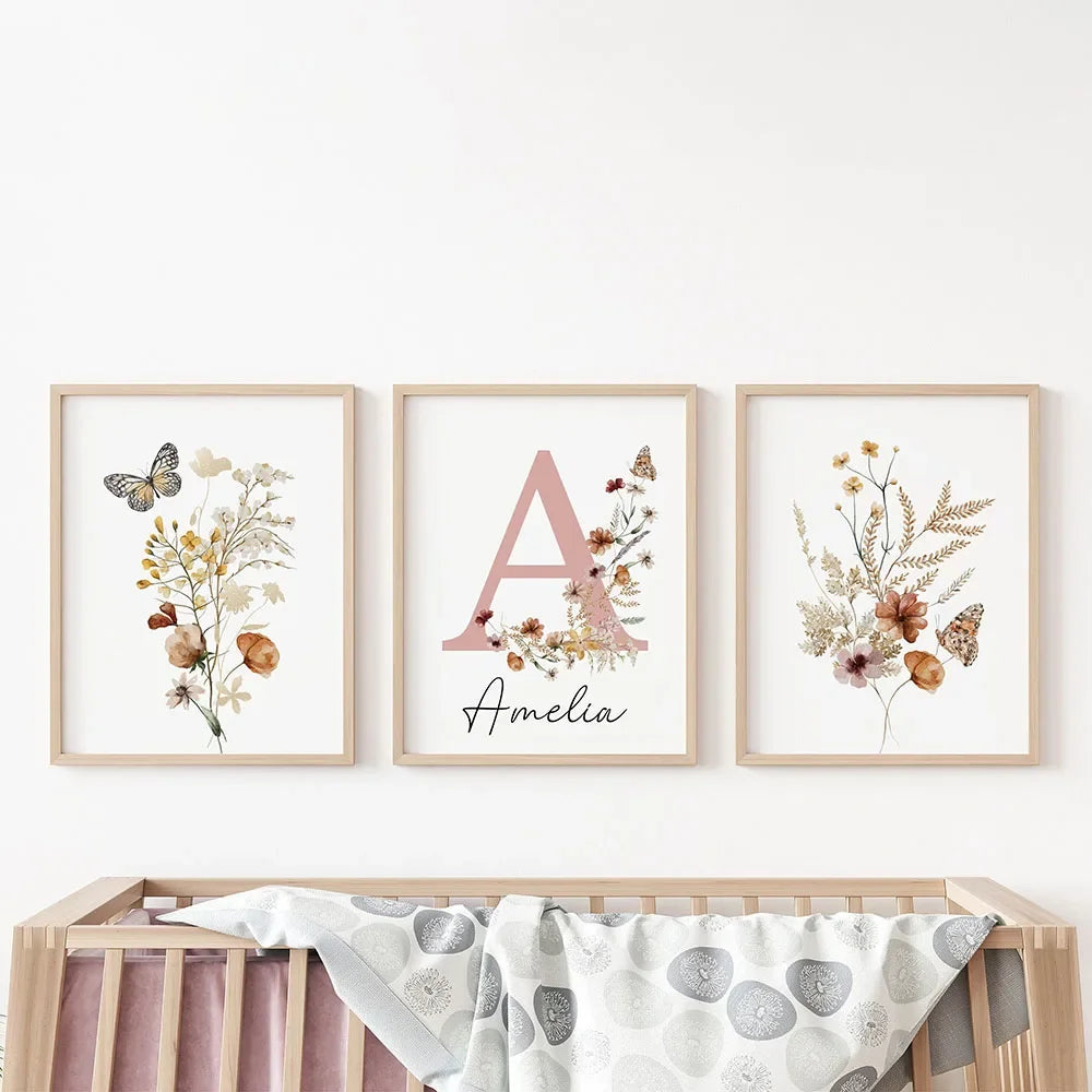 Customizable Baby Name Sign Poster with Wildflowers Personalized Nursery Art Print Canvas Printing Wall Picture Kid's Room Decor