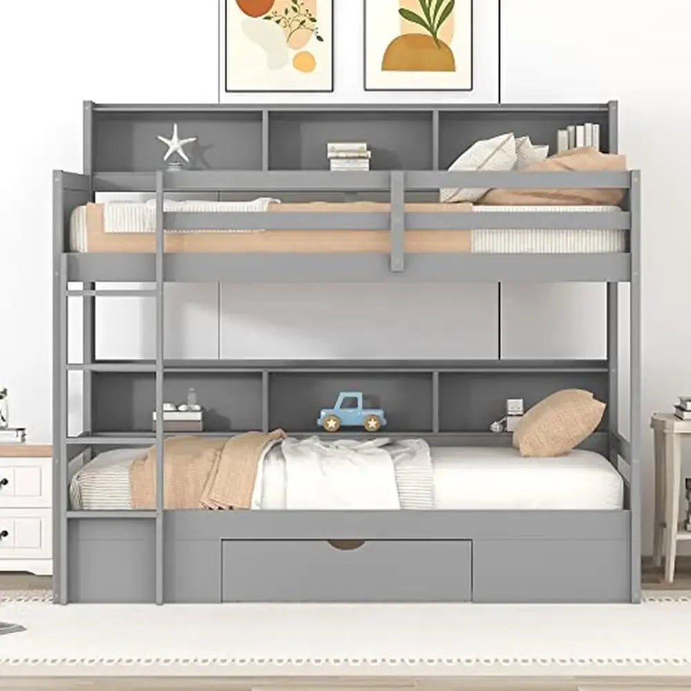 Wooden Twin Over Twin Bunk Bed with Underneath Storage Drawer and Three-In-One Built-in Shelves Sturdy Frame Grey Color 400lb