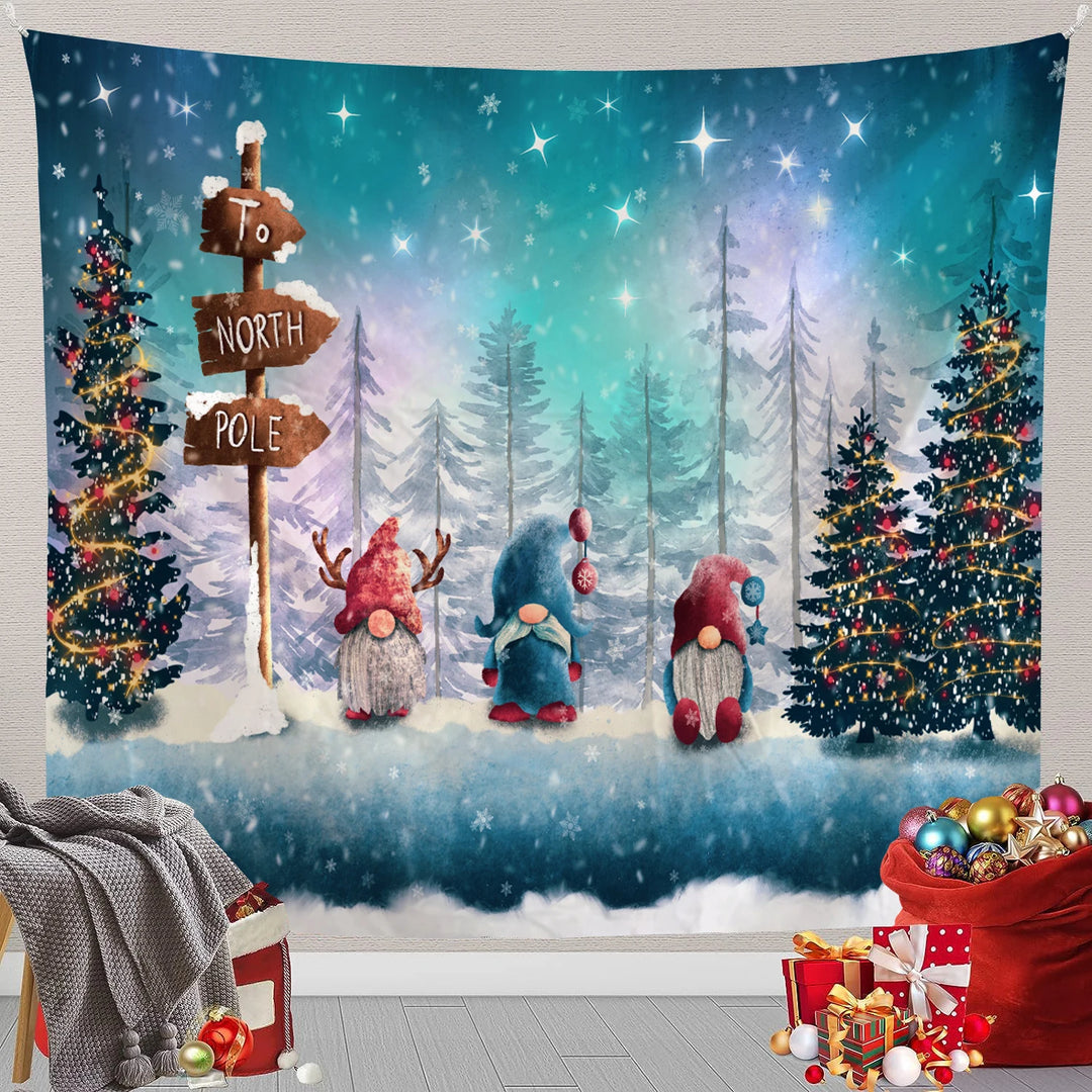 Christmas Scene Snowman, Santa Claus, Wall Tapestry Art