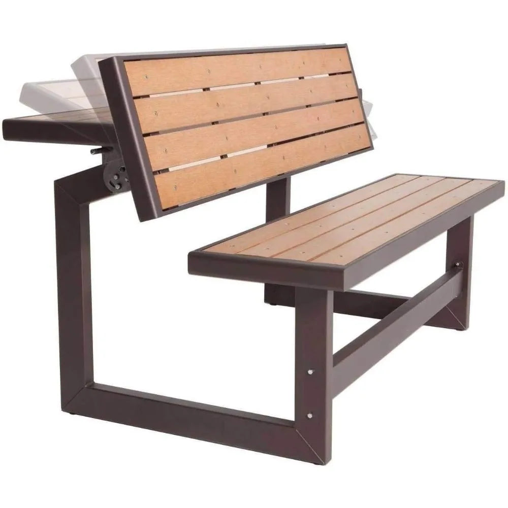 Convertible Bench / Table, Faux Wood Construction, Durable, weather-resistant simulated wood, Brown Outdoor Bench