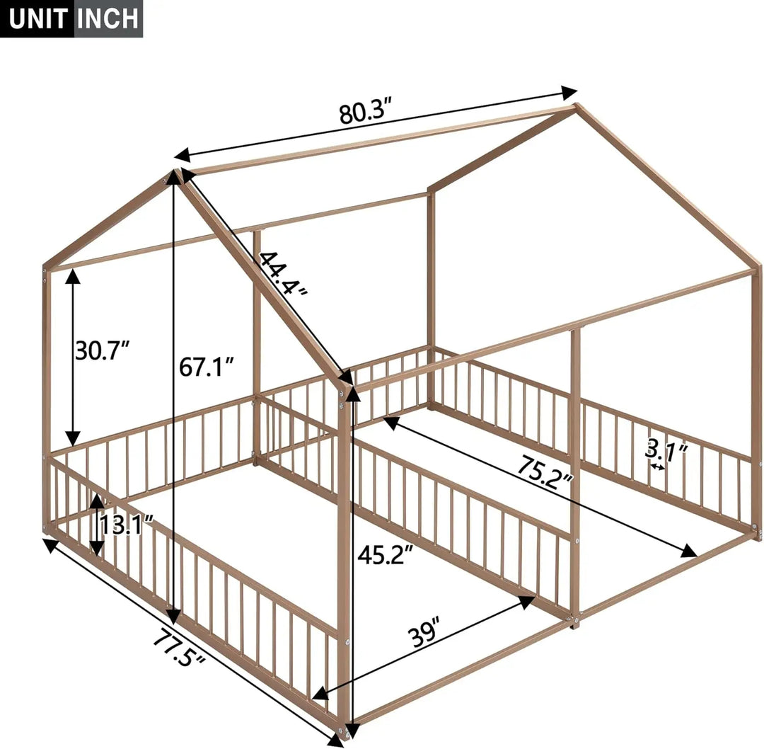 Bellemave Double Twin House Bed,Twin Size House Platform Beds,Two Shared Beds,Metal Floor Bed Frame with Rails