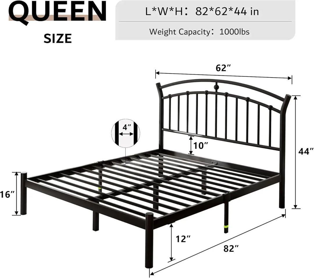 Queen Size Metal Platform Bed Frame with Modern Iron-Art Headboard/Heavy Duty Steel Slats Support/Under Bed Storage