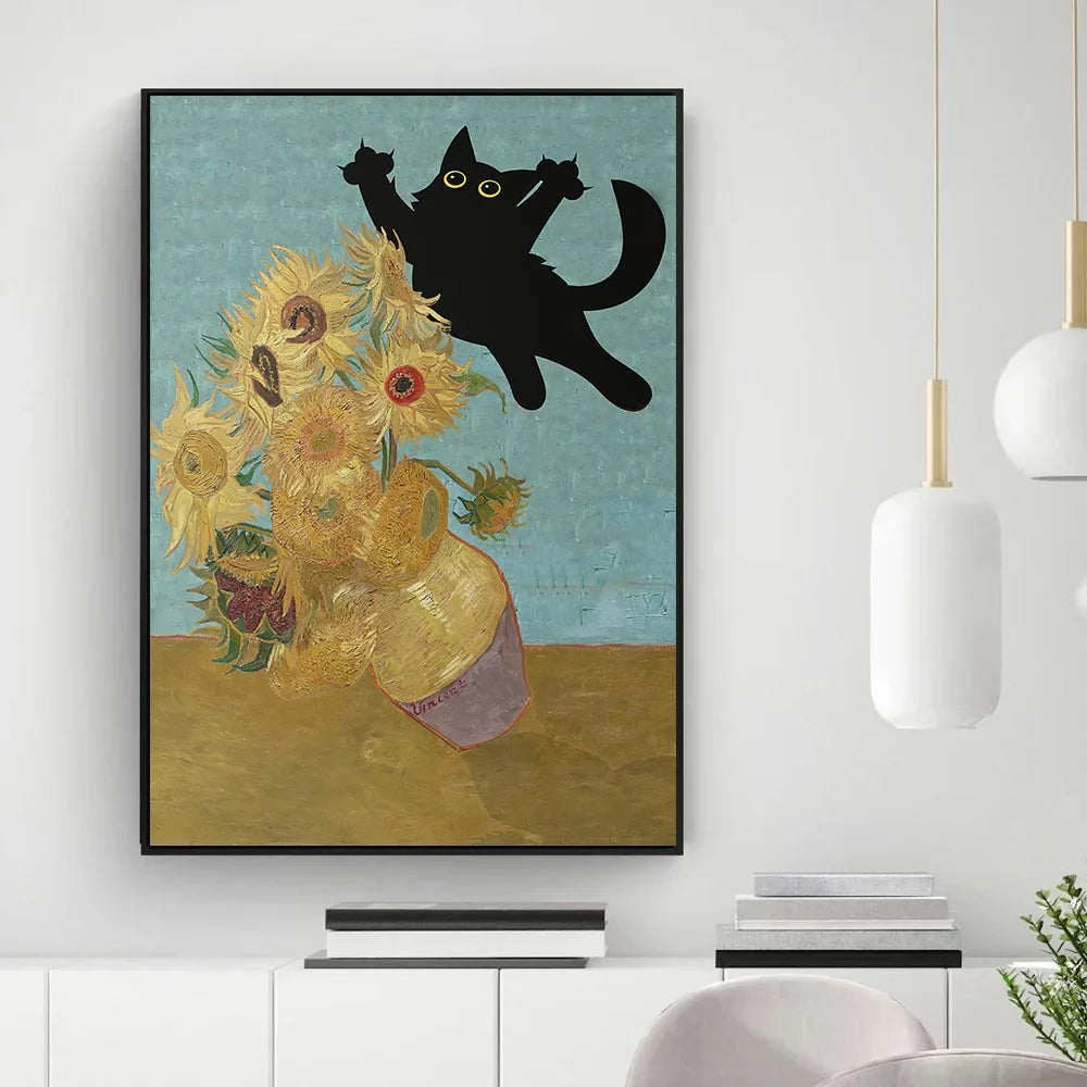 Funny Black Cat Wall Art Van Gogh Starry Night Poster Abstract Famous Reproduction Canvas Painting Aesthetic Room Home Decor