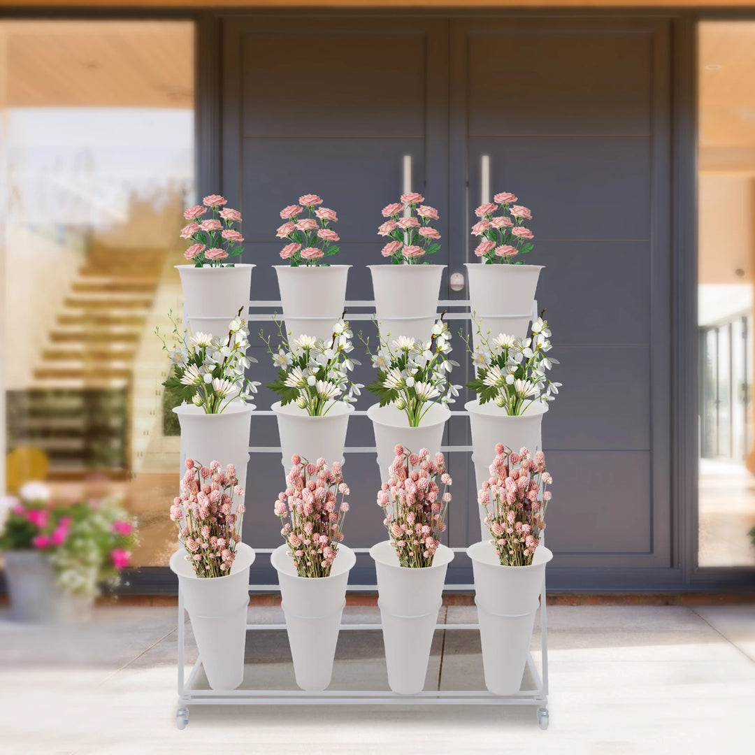 3 Layers Metal Plant Stand with Wheels Modern Plant Shelf  Flower Bucket Indoor Outdoor Flower Display Stand Flower Rack