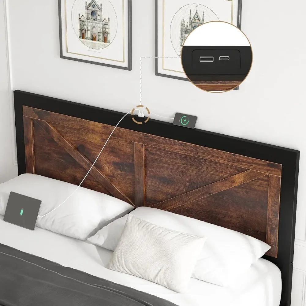 Led Bed Frame King Size with Charging Station, Industrial Platform Bed Frame with Rustic Barn Door Wood Headboard, Strong Metal