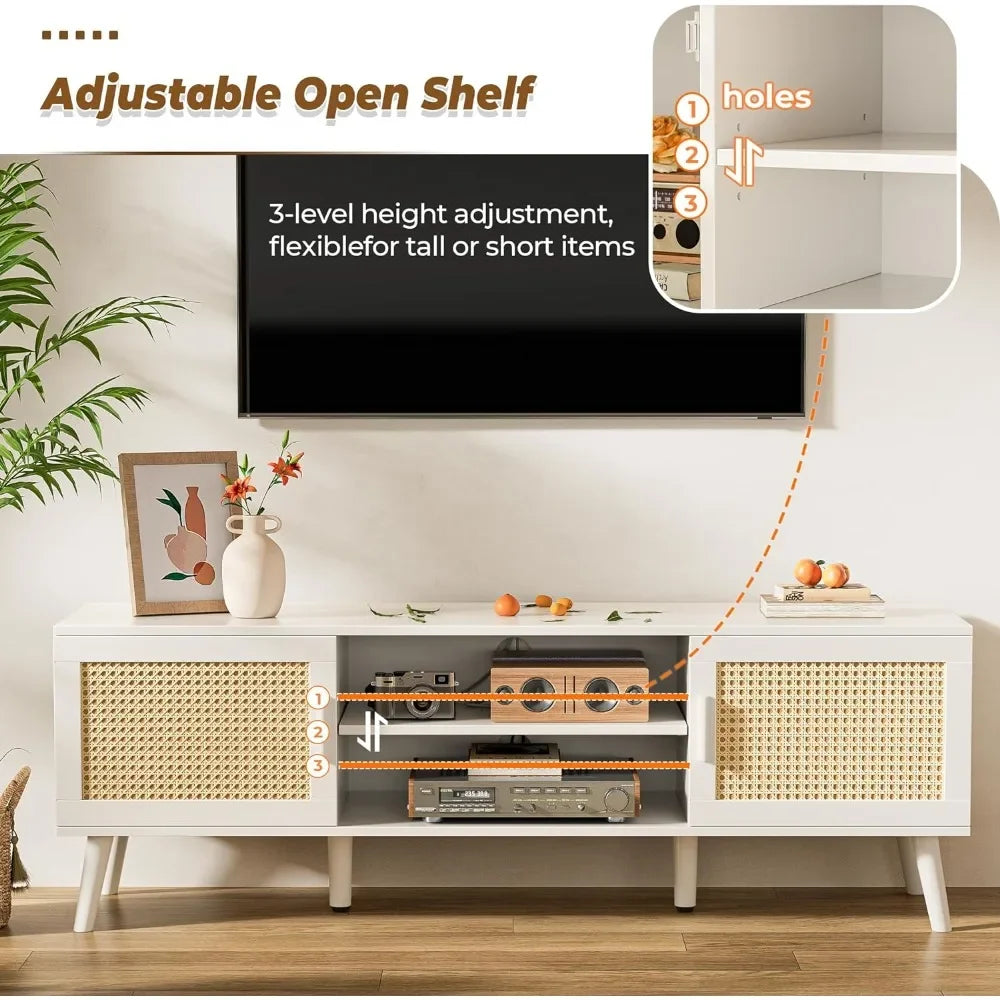 for Living Room Tv Stand Solid Wood Feet Furniture Rattan TV Console With 2 Cabinets Entertainment Center With Adjustable Shelf