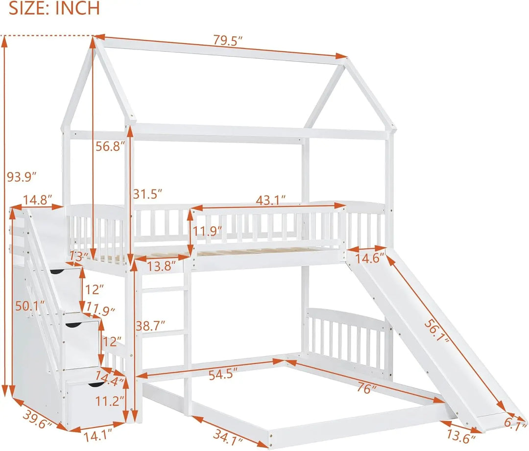 Bunk Bed with Slide, House Bunk Beds Twin Over Twin Stairway Bunk Beds Playhouse Bunkbed with Storage for Kids Toddlers