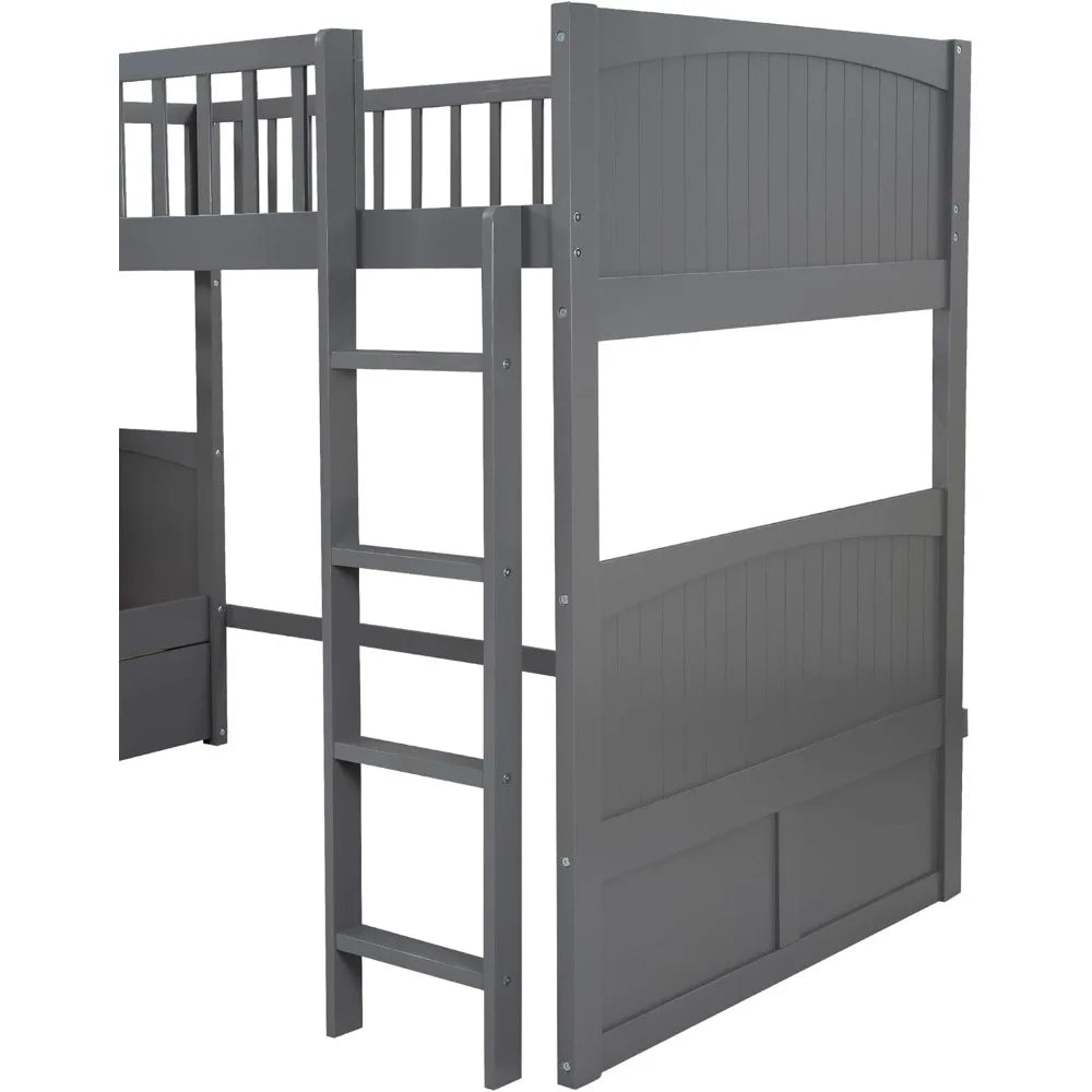 Size Bunk Bed with a Loft Bed Attached with 2 Drawers,L-Shaped Corner Triple Bunk Bed, Twin-Over-Twin Bunkbeds