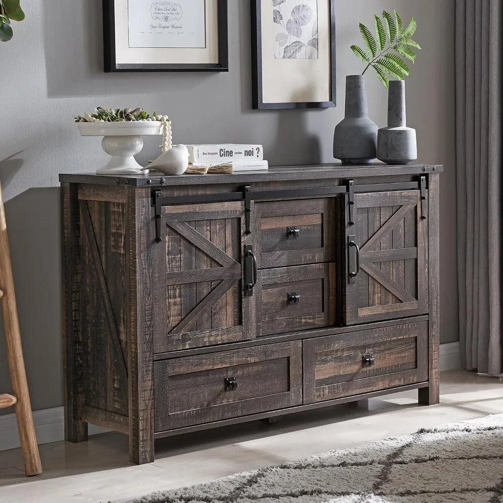 48" farmhouse dresser with 4 drawers, 2 sliding barn doors, tall chest of drawers organizer, rustic dresser TV stand