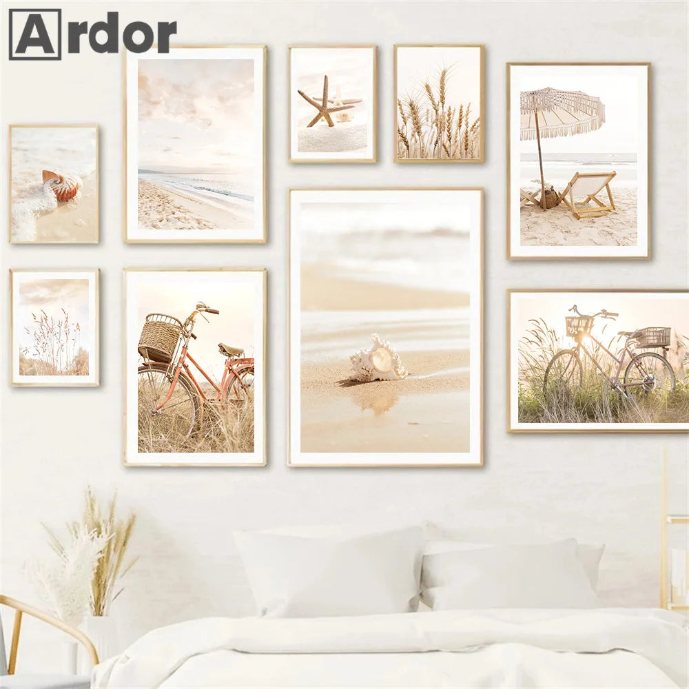 Boho Beige Beach Starfish, Shells, Reeds, Bike, Wall Art Canvas Prints For Your Home Décor