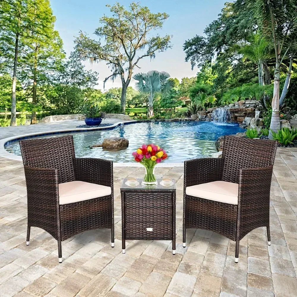 Patio Set Wicker Rattan Furniture Set Outdoor Rattan Conversation Set with Coffee Table Chairs & Thick Cushions Bistro Sets