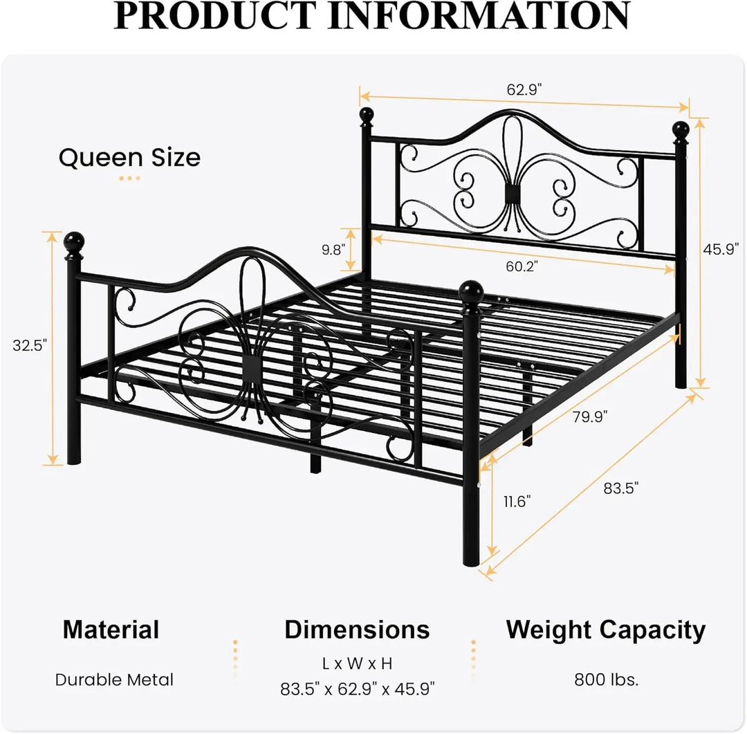 Queen Size Bed Frame and Headboard,Metal Bed Frame with Butterfly Pattern Design Headboard