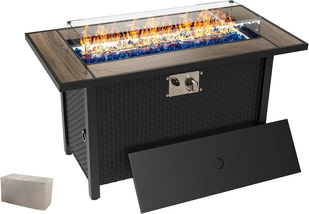 SUNLEI 45" Propane Fire Pit, Outdoor Fire Pit Tables Square Tabletop with Lid and Lava Rock, 50000 BTU Waterproof Cover