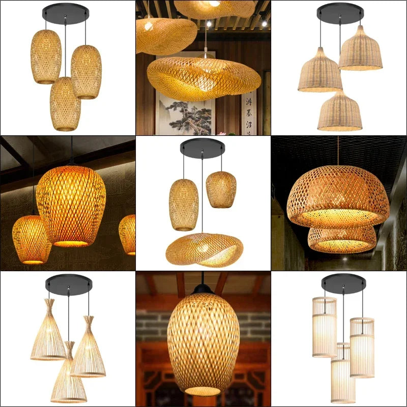 Classic Bamboo Rattan Wicker Chandelier Ceiling Lamp Handmade LED Luster